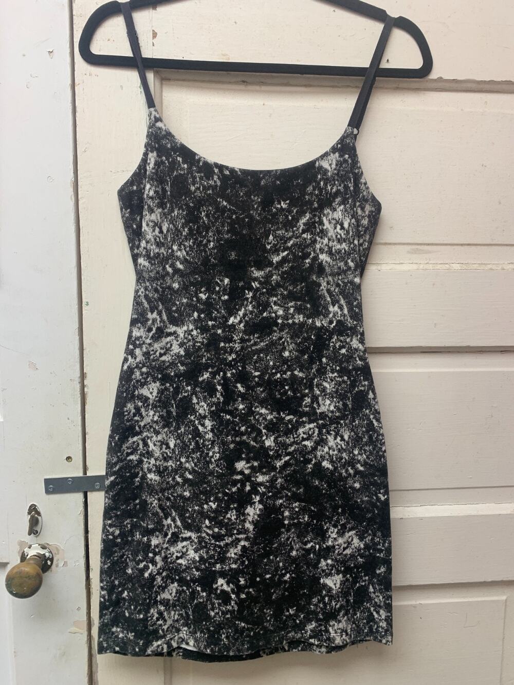 RARE Y2k Black and White Betsey Johnson Acid Washed Print Bustle Mini Dress
